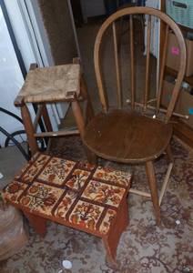 2 old chairs, stool and foot stool