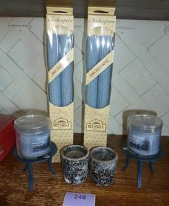 4 candles in holders, 2 stands, 4 tall Beeswax candles