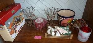 Nativity set, candles, planter etc