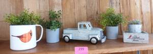 Small planters, metal coffee cup, pickup planter