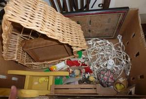 Box of Misc items, wicker, lights, antique light fixtures