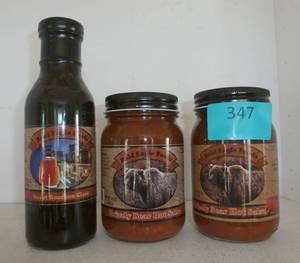 1 bottle of Sweet Bourbon glaze and 2 jars of Grizzly Hot Salsa