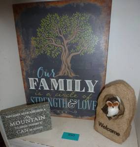 metal wall hanging, stone plaque and a welcome owl dcor