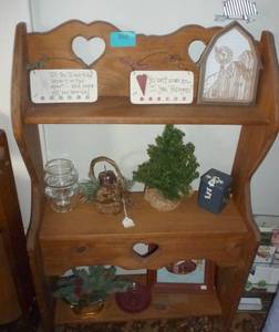 wood display shelf with contents