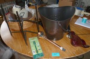 Metal basket with stand, hanging bird feeder, waterstik, solar light, some baskets and lamp shades