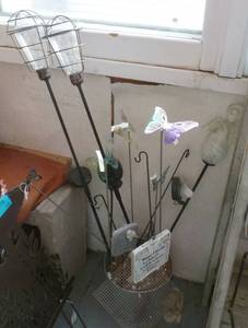 1 solar lit glass angel on stand, 2 edison solar lights on pole, butterflies for the garden and more