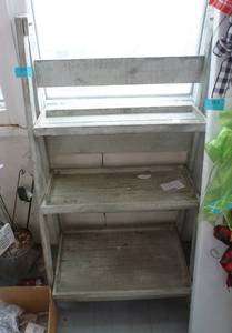 wood 3 tiered shelf unit 46 in tall, 25-12 wide