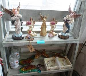 angel figures, led lit jars, butterflies, message stones
