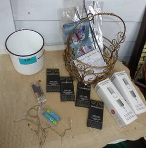 misc group metal coffee cup, metal basket, remotes for candles, rotating ornament hangers