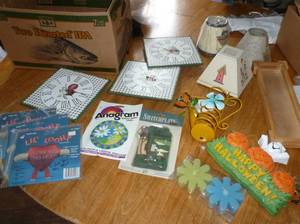 misc group of clocks, balloons, switchplate, 3 lamp shades, and more