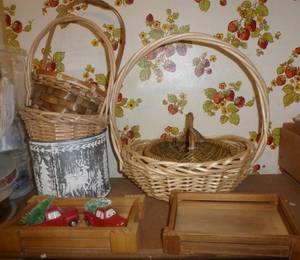 group of baskets and wood boxes and pickup trucks