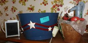Patriotic metal bucketplanter, water fountain, light up cube