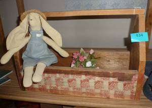 cute wood tool caddy planter with an easter bunny