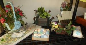 floral arrangements, soap and the easter bunny