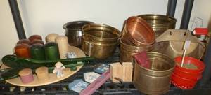 wood candles, brassmetal planters