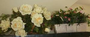 green metal can with silk flowers, 2 pretty spring arrangements