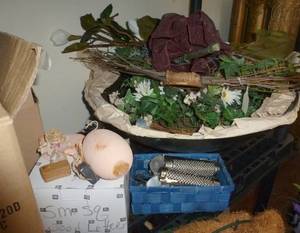 metal planter basket, garlic graters, 2 boxes of small painted wood pieces and box of wood letters