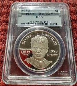 lot 92 image: 1998-S RFK Commemorative Silver Dollar - PCGS PR69DCAM
