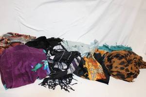 lot 17 image: Collection of 8 Fashion Scarves with Varied Patterns and Textures