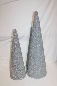 lot 86 image: Set of 2 Glittery Silver Cone Holiday Decorations
