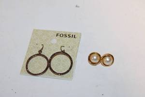 lot 95 image: Set of Fossil Hoop Earrings and Pearl Stud Earrings