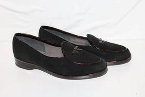 lot 111 image: Pair of Womens Black Suede Loafers with Tortoise Shell Detailing