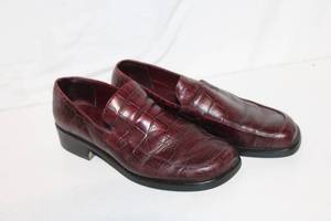 lot 113 image: Gently Used Burgundy Leather Loafers with Crocodile Pattern