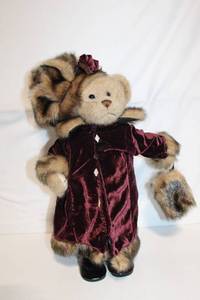 lot 132 image: Plush Teddy Bear in Burgundy Velvet Coat with Fur Trim