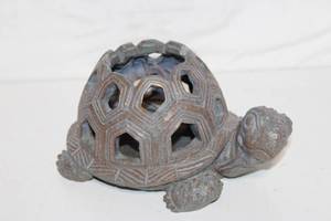 lot 144 image: Vintage Cast Iron Turtle Incense Holder with Geometric Openwork Design