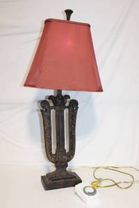 lot 180 image: Vintage Table Lamp with Red Shade and Decorative Base