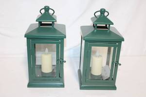 lot 194 image: Pair of Green Metal Lanterns with LED Candles
