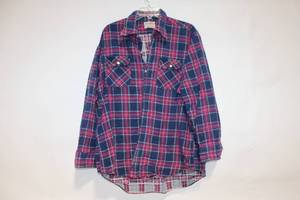 lot 409 image: XL Compass Red and Blue Plaid Flannel Shirt
