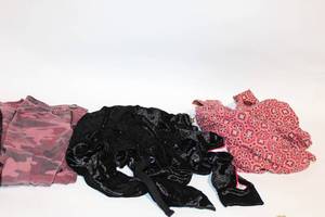 lot 417 image: Collection of Womens Clothing Blouse, Velvet Hoodie, and Camouflage Pants