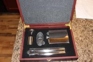 lot 90 image: Stainless Steel Flask Set with Shot Glasses and Accessories