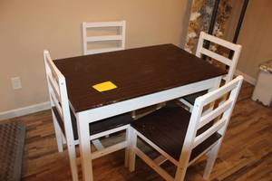 lot 105 image: Dining Table with 4 Chairs Set in White and Wood Finish