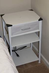 lot 179 image: White Metal and Fabric Nightstand with Drawer and Shelves