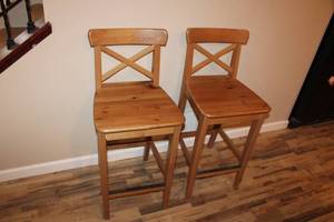 lot 181 image: Pair of Wooden Bar Stools with Cross Back Design