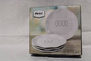 lot 19 image: Parini 4-Piece Ceramic 10 Plate Set with Good and Eat Print