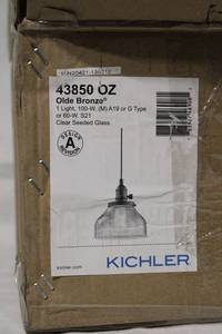 lot 29 image: Kichler Lighting 1-Light Pendant Fixture, Olde Bronze, Clear Seeded Glass