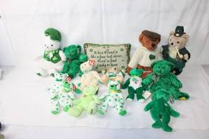 lot 48 image: Lot of 11 St. Patricks Day Themed Teddy Bears and Decorative Pillow