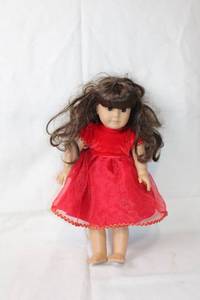 lot 59 image: Vintage 18-inch Porcelain Doll with Red Velvet Dress