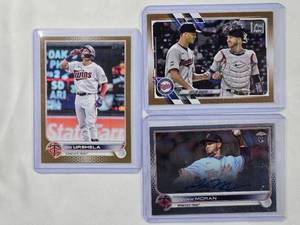lot 5 image: Lot of 3 - Jovani Moran Auto, Taylor Rogers Gold 70th Anniversary, Gio Urshela Topps Gold