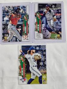 lot 59 image: Lot of 3 MLB Topps Holiday Baseball Cards including Fernando Tatis Jr. Rookie Cup, Yordan Alvarez Rookie Cup, Bo Bichette Rookie