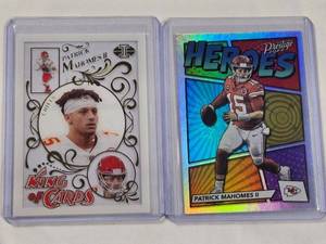 lot 124 image: Lot of 2 Patrick Mahomes Inserts - 2021 Panini King of Cards No. KC-1, Prestige 2022 Heroes No. H-4