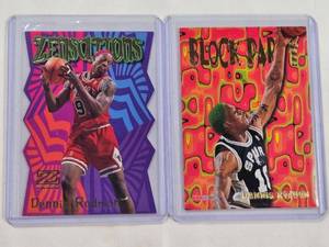 lot 153 image: Lot of 2 Dennis Rodman Inserts 1998 Skybox Zensations, 1995 Skybox Block Party