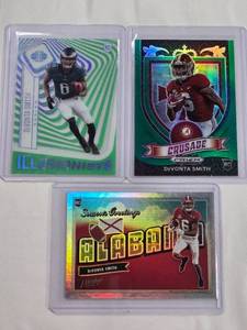 lot 155 image: Lot of 3 DeVonta Smith Rookie Rookie Cards - Illusionists, Crusade, Prestige 2021