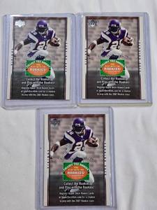 lot 163 image: Lot of 3 Adrian Peterson Rookie Cards - Play with the Rookies 2007 Upper Deck