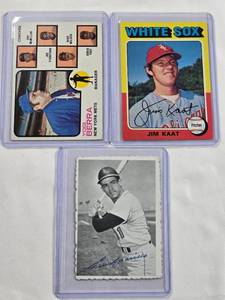 lot 187 image: Lot of 3 Vintage Baseball Cards Yogi Berra and Coaches 1973 No. 257, Jim Kaat 1975 No. 243, Luis Aparicio 1969 No. 6 of 33 Deckled