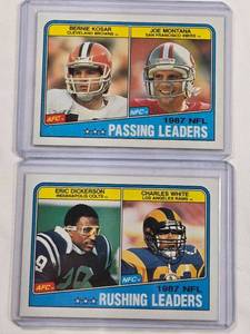 lot 190 image: Lot of 2 - 1987 NFL Passing Leaders Bernie Kosar, Joe Montana and 1987 Rushing Leaders Cards Eric Dickerson, Charles White