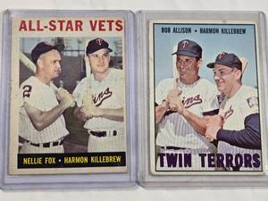 lot 194 image: Lot of 2 Vintage Topps Baseball Cards - 1964 All-Star Vets Harmon Killebrew & Nellie Fox - 1967 Twin Terrors Bob Allison & Harmon Killebrew No. 334